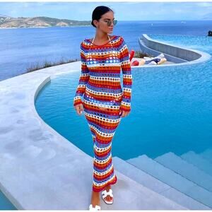 Mango NWT Rainbow Crochet Striped Maxi Dress 6